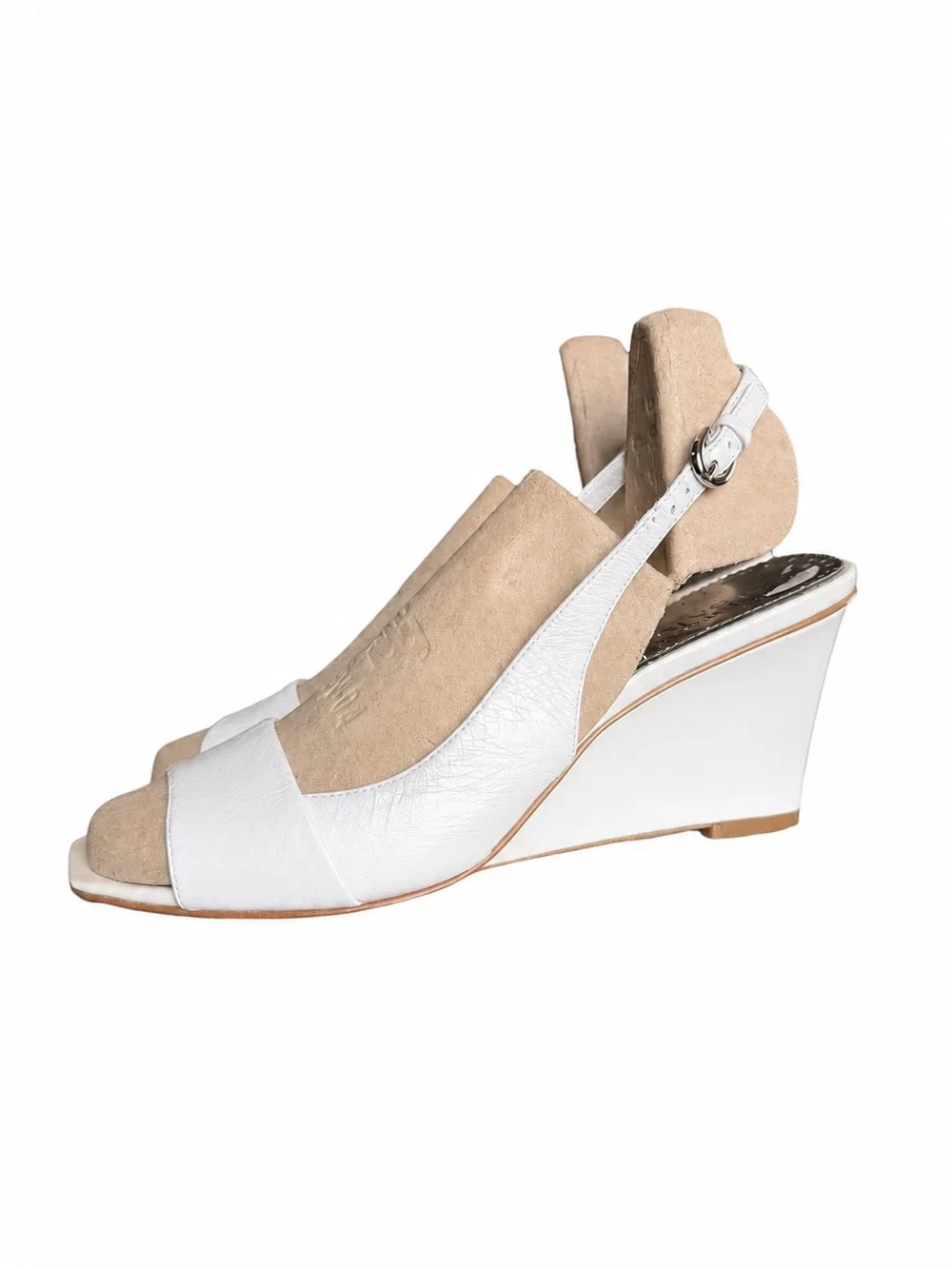 Vintage Y2K Franco Sarto 9M White Iridescent Pearl Slingback Wedge Sandals